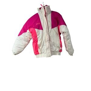 Vintage 90s Columbia White Neon Pink Colorblock Women’s Puffer Ski Jacket Medium
